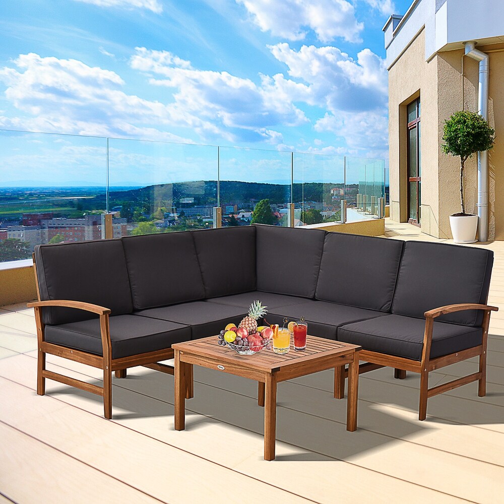 Outsunny 6 Piece Acacia Wood Sectional Sofa Outdoor Patio Furniture Set with Cushions Grey