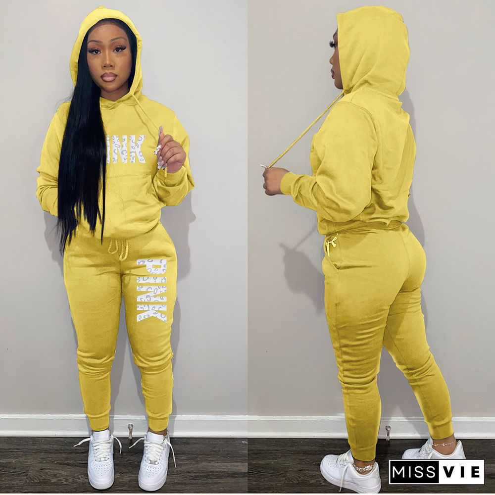 Winter Letter Print Hoodies and Pants Sports 2 Piece Sets