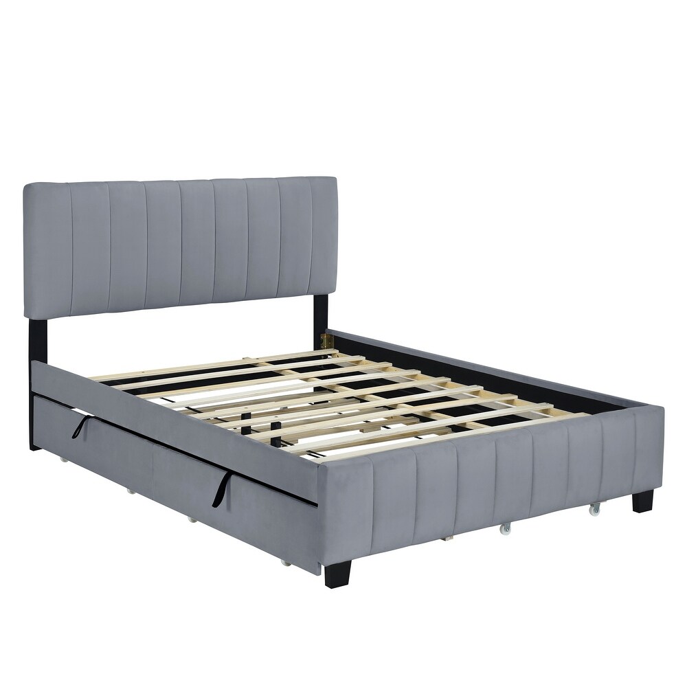 Queen Size Velvet Upholstered Platform Bed with Twin XL Size Trundle Bed  2 Storage Drawers and Headboard