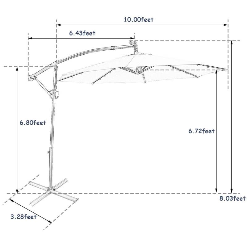 10 FT Patio Offset Umbrella with Solar Lights 360° Rotation Outdoor Market Umbrella with Crank Handle & Cross Base