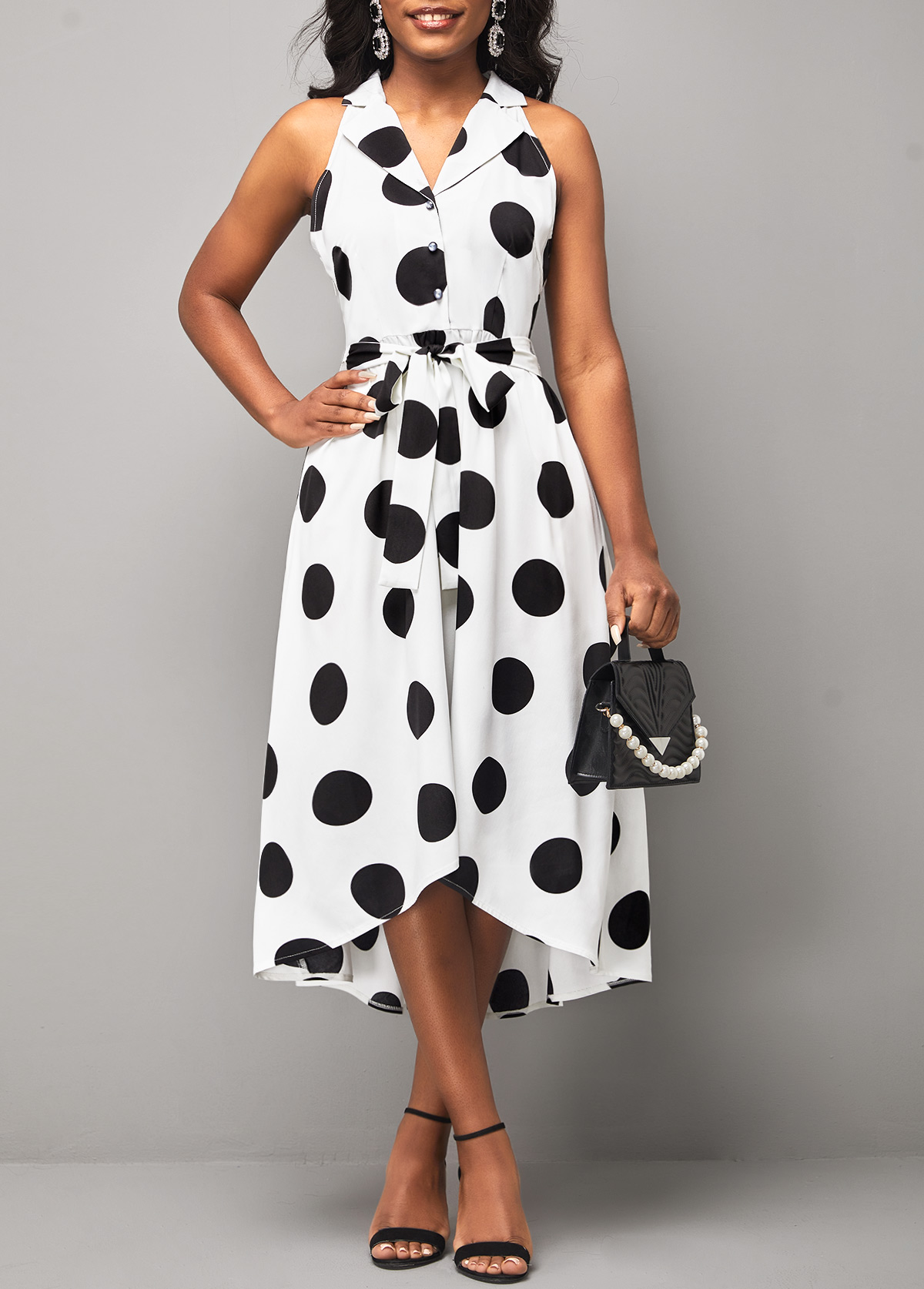 Turndown Collar Polka Dot White Belted Dress
