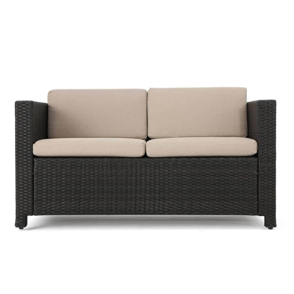 Noble House Puerta Dark Brown Wicker Outdoor Loveseat with Beige Cushions