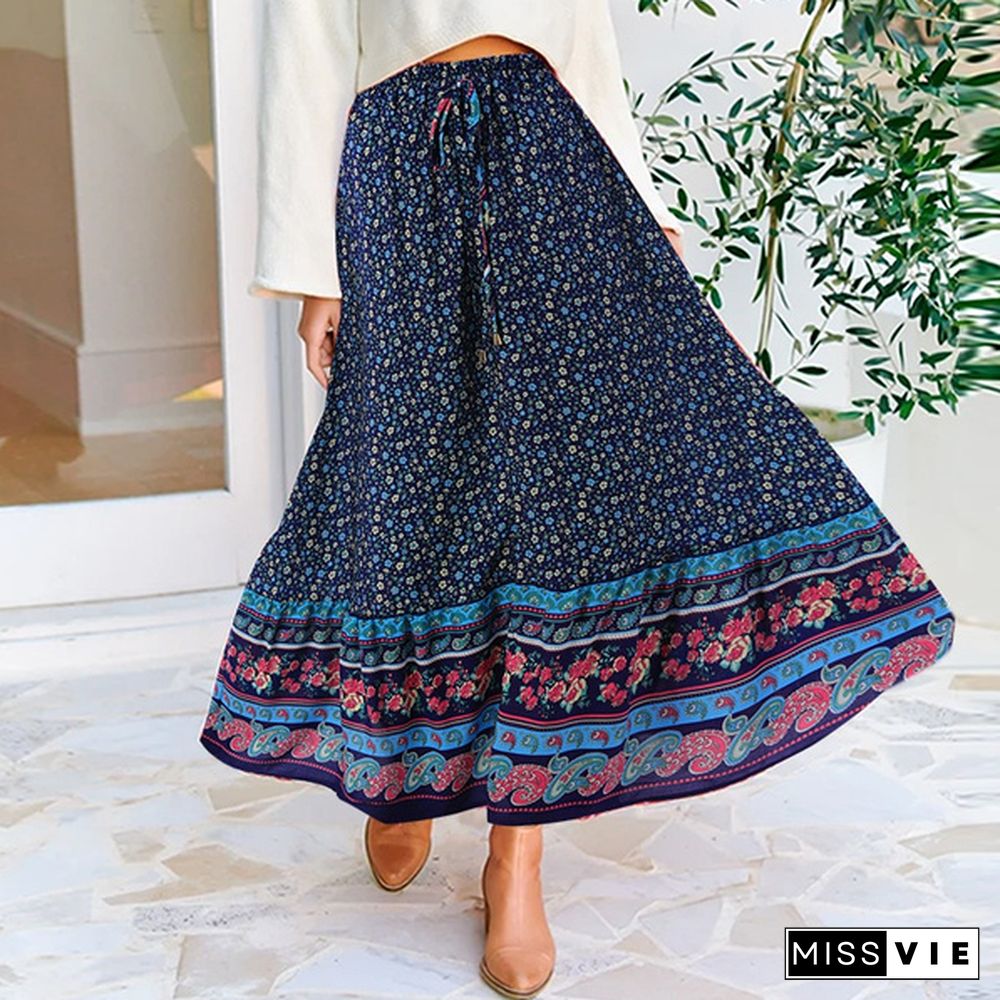 Women Floral Print Long Skirt Dress Elastic High Waist Bohemian Party Casual Swing Pleated Maxi Skirts Plus Size