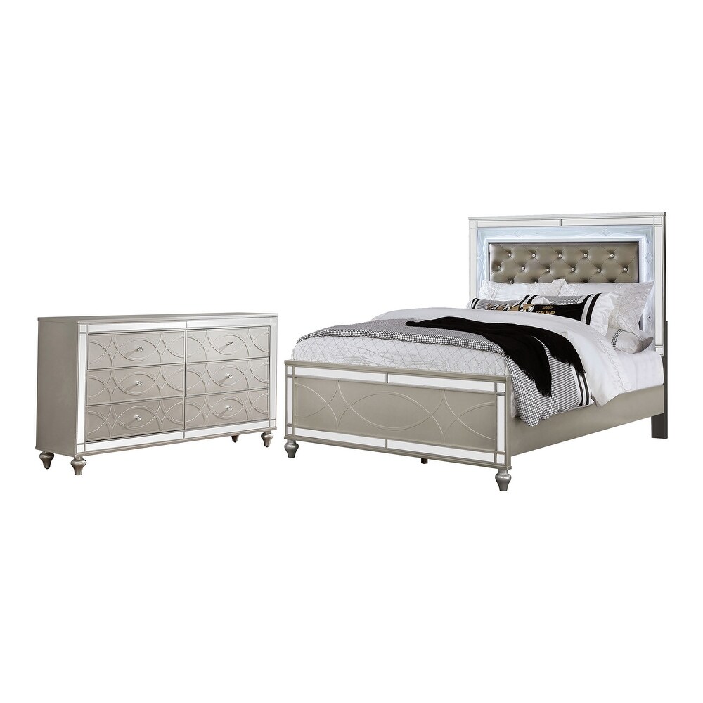 Briscoe Transitional Silver Wood LED 2 Piece Panel Bed and Dresser Set by Furniture of America