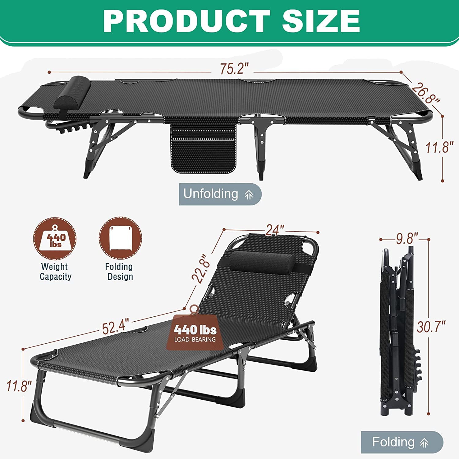 Slsy Folding Camping Cot with 2 Sided Mattress and Pillow， 5-Position Folding Chaise Lounge Chairs Outdoor， Portable Folding Bed Cot， Supports 400 Lbs