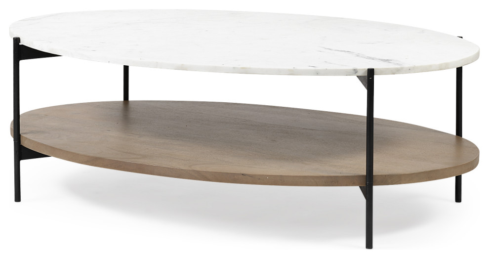 HomeRoots Oval White Marble Top and Black Metal Base Coffee Table W/ Wood Shelf   Transitional   Coffee Tables   by UStradeENT LLC  Houzz