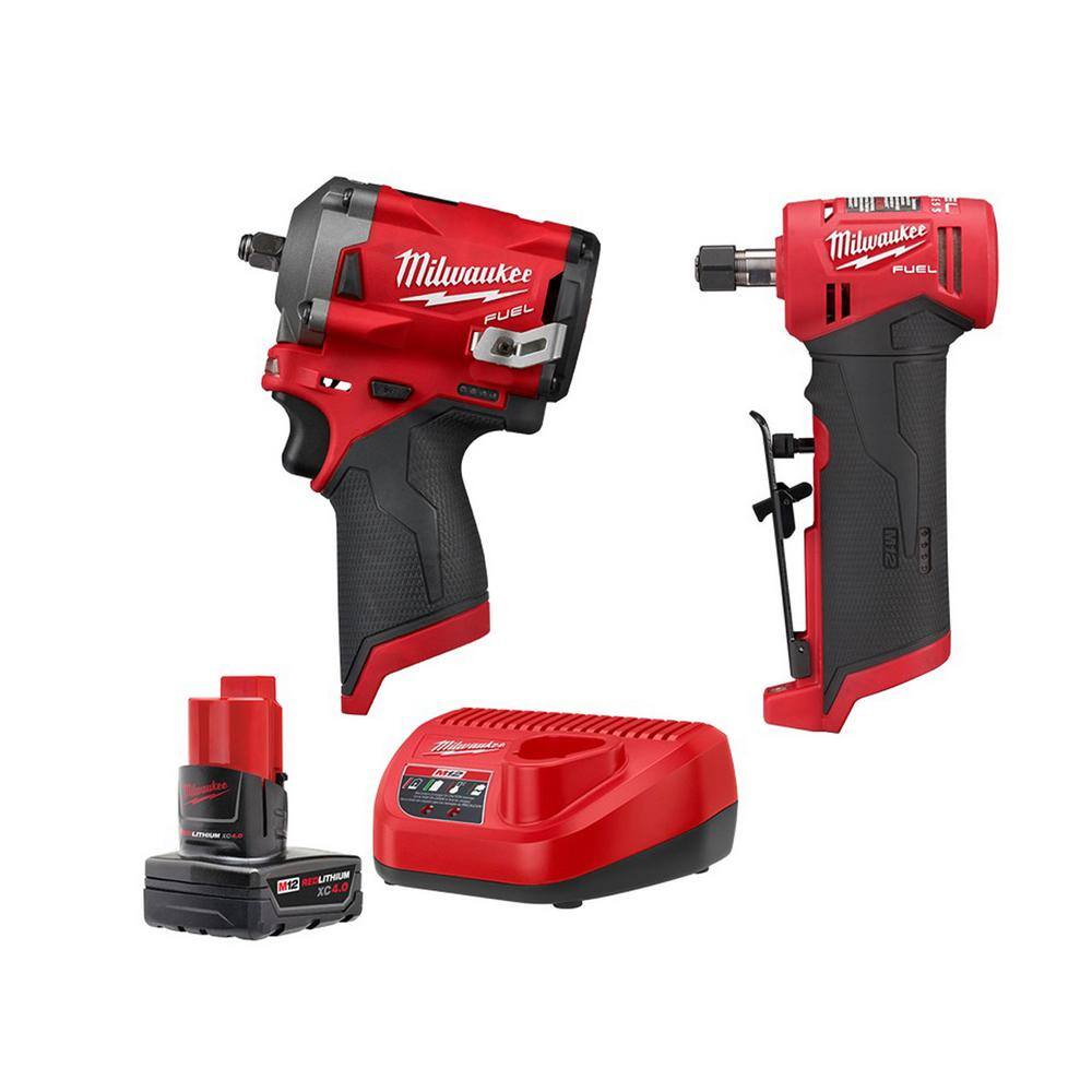 MW M12 FUEL 12V Lithium-Ion Brushless Cordless Stubby 38 in. Impact Wrench and 14 in. Die Grinder Kit (2-Tool) 2554-20-2485-20-48-59-2440