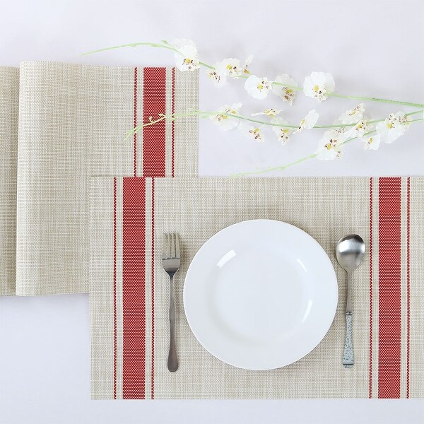 Woven Placemats Set of 6 Heat Resistant Place Mats Anti-slip PVC - Red+Beige