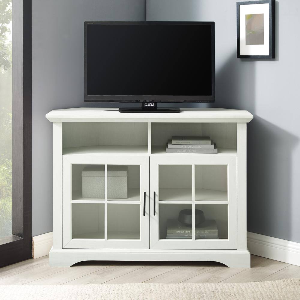 Welwick Designs 44 in. Brushed White Wood and Glass Traditional Window Pane 2-Door Tall Corner TV Stand Fits TVs up to 50 in. HD9061