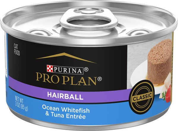 Purina Pro Plan Hairball Control Ocean Whitefish and Tuna Entrée Pate Wet Cat Food， 3-oz can， case of 24