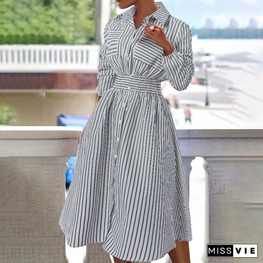 Stylish Women Summer Long Sleeve Strped Shirt Dress Plus Size A Line Casual Dresses