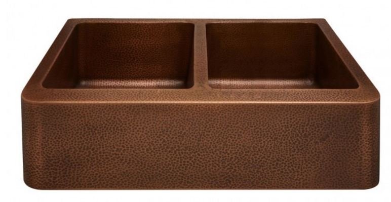 33 DOUBLE-BOWL HAMMERED COPPER FARMHOUSE KITCHEN SINK