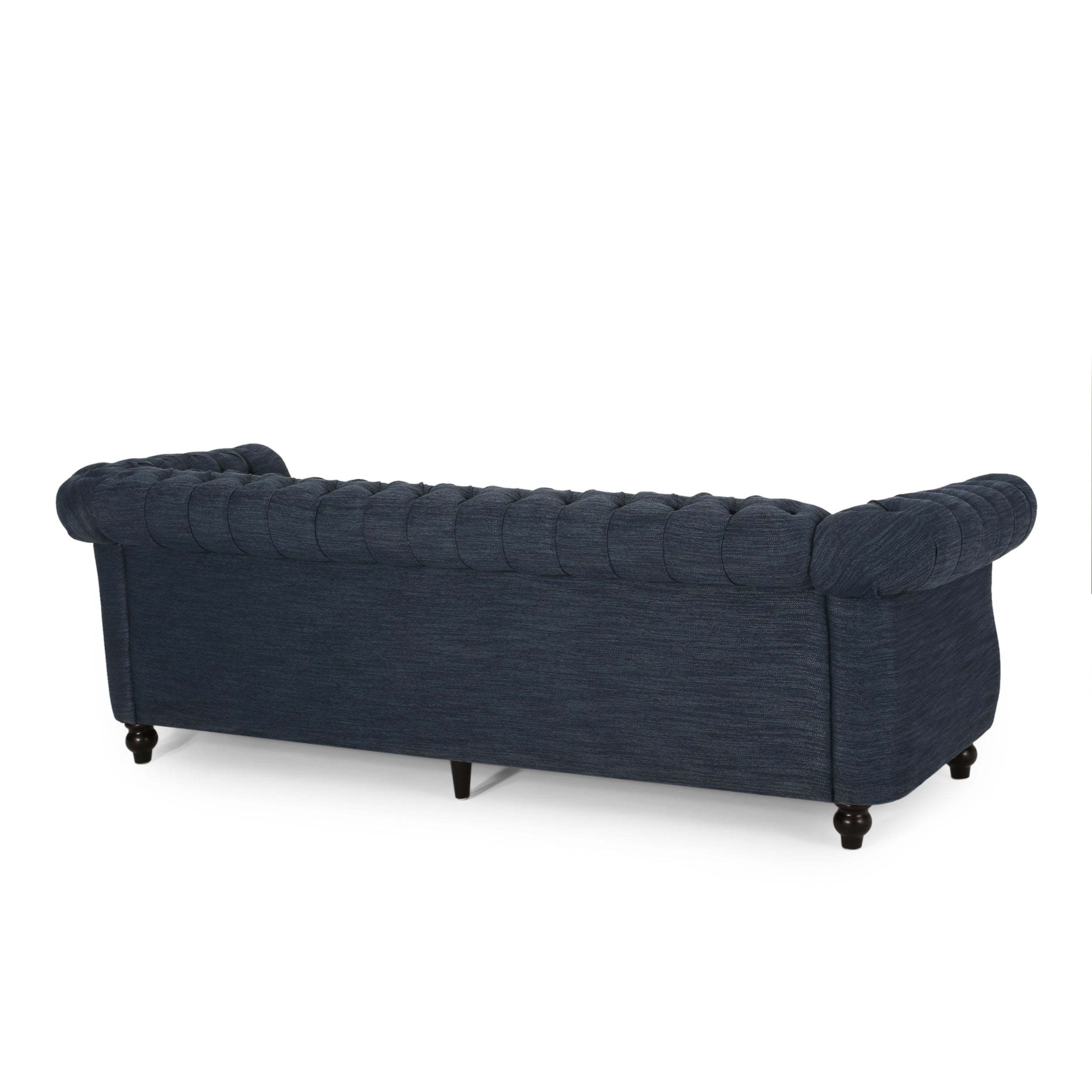 Noble House Augus Fabric Tufted 3 Seater Sofa, Navy Blue, Dark Brown