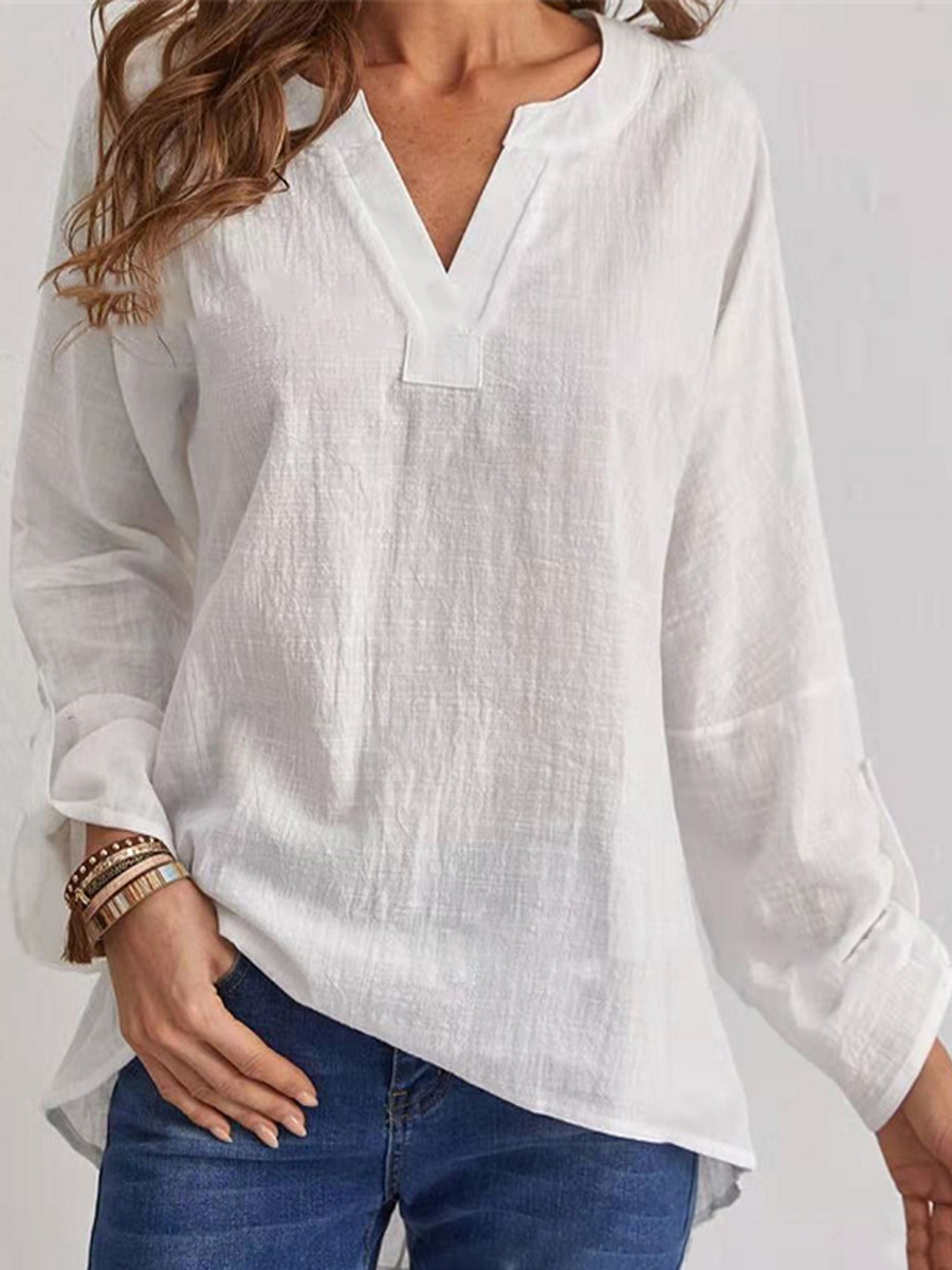 Casual V-Neck Solid Color Long Sleeve Blouse