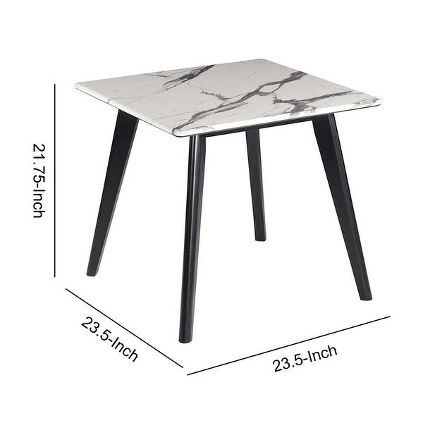 Square Faux Marble Top End Table with Angled Wooden Legs， White - 21.75 H x 23.5 W x 23.5 L Inches