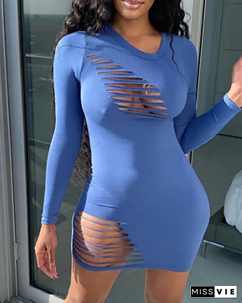 Ladder Cutout Front Long Sleeve Bodycon Dress