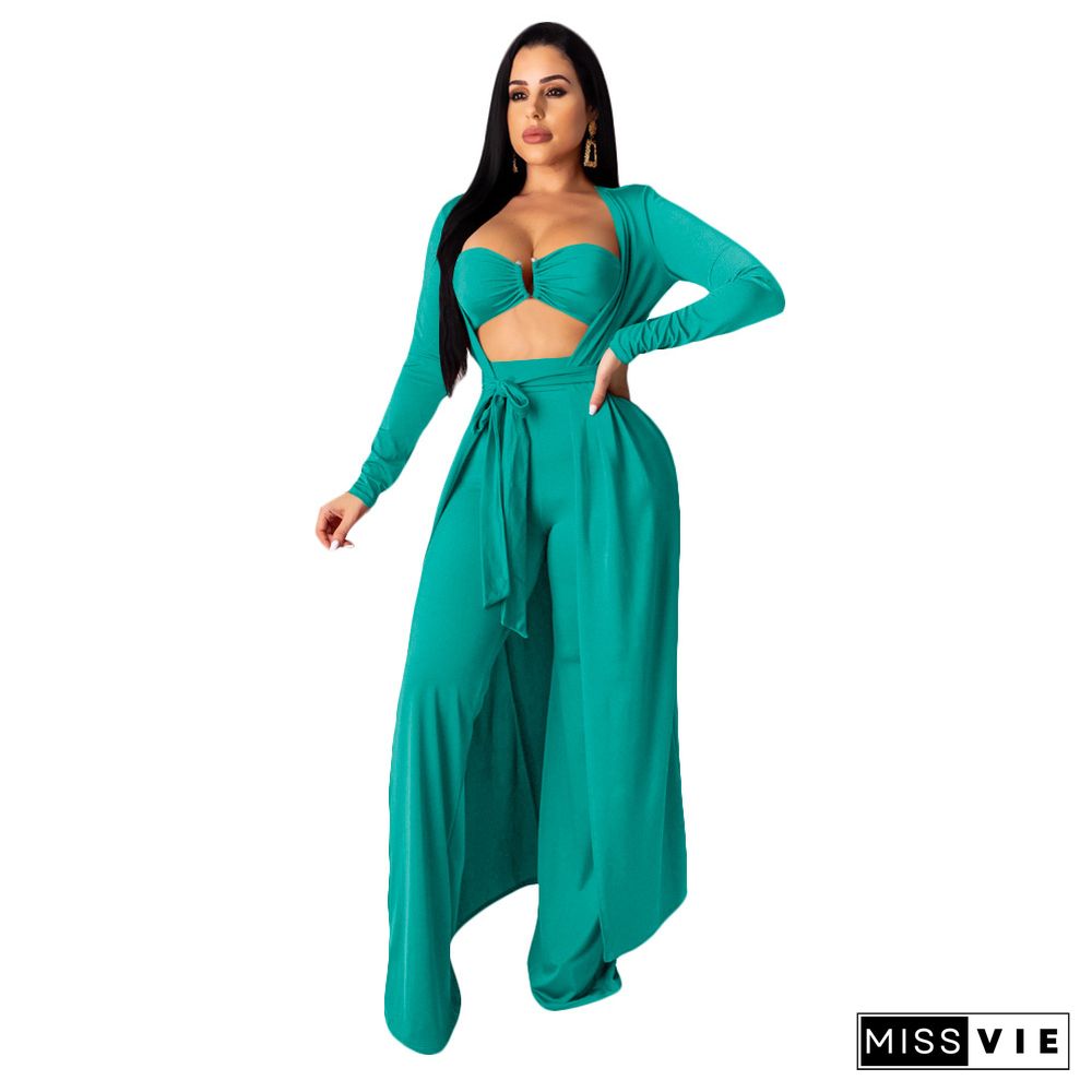 Crop Bra Top Wide Leg Pants Long Cardigan Set