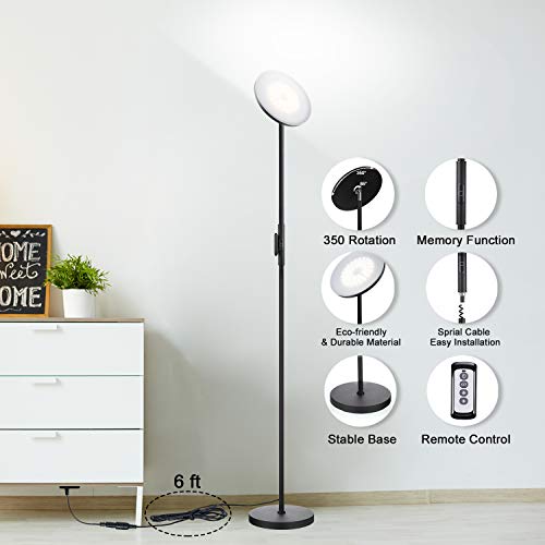 JOOFO Floor Lamp,30W/2400LM Sky LED Modern Torchiere 3 Color Temperatures Super Bright Floor Lamps-Tall Standing Pole Light with Remote & Touch Control for Living Room,Bed Room,Office?Black?