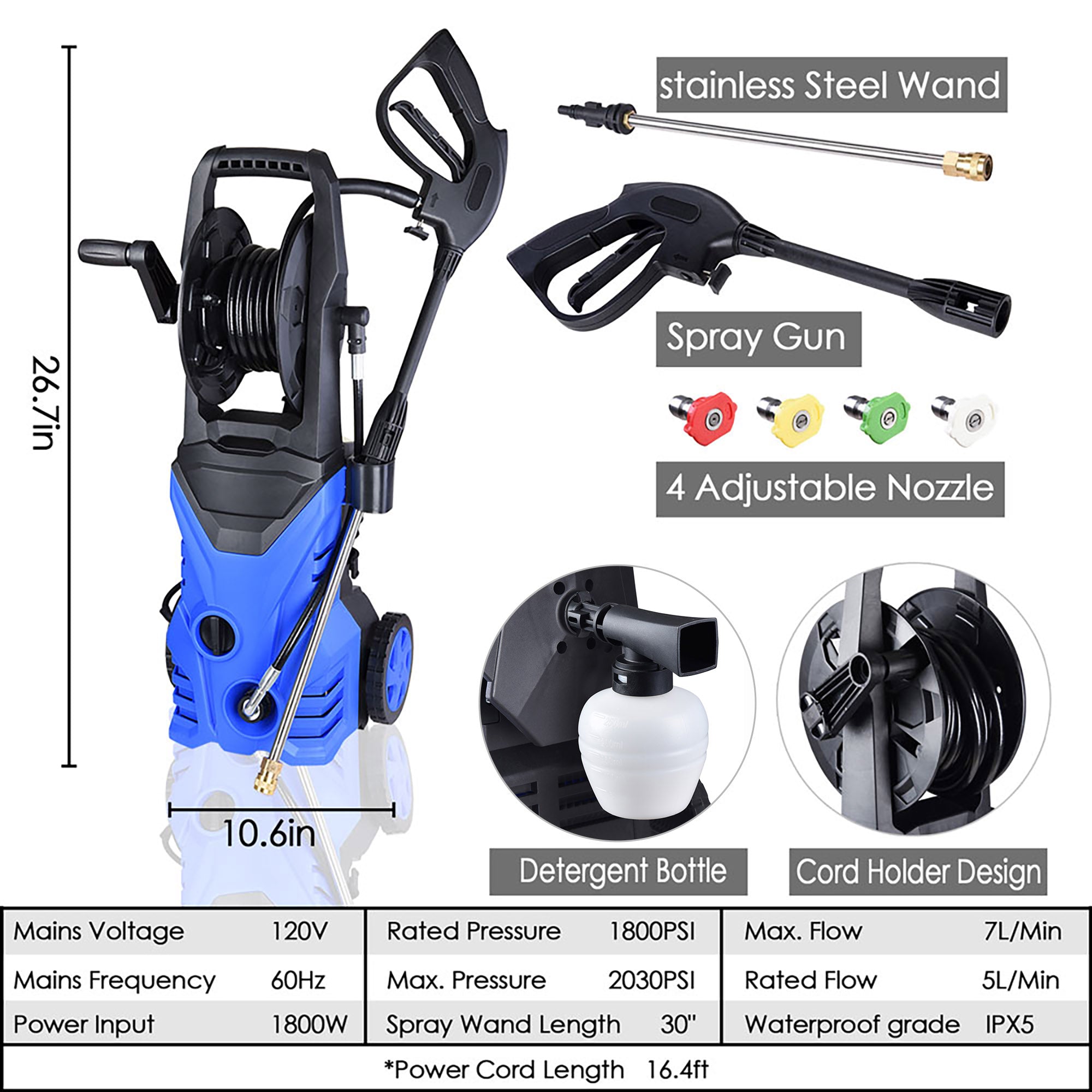 Yescom Electric Power Pressure Washer 2030PSI Tunnel Garage Foam Gun 4 Nozzles Car Patio 1.8GPM Hose