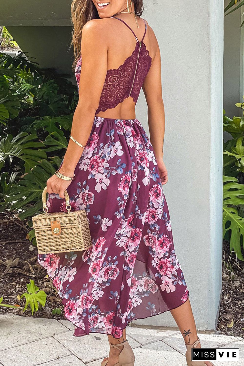 Burgundy Floral High-low Dress with Lace Back