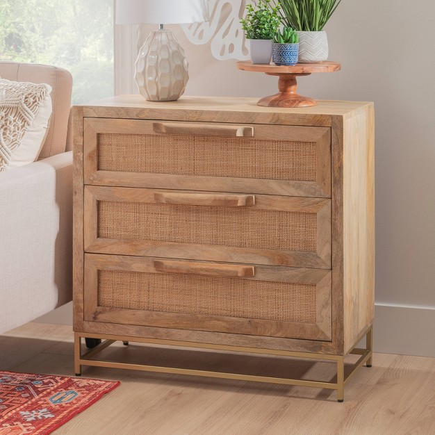 Gordon Transitional 3 Natural Cane Drawers Cabinet With Gold Metal Base Powell