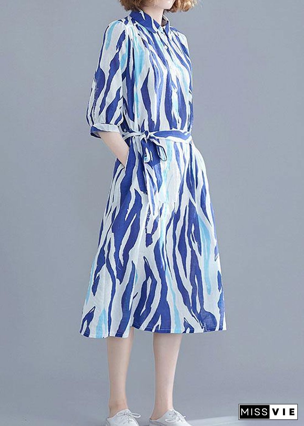 Vivid lapel half sleeve Chiffon dresses Runway blue striped Dress