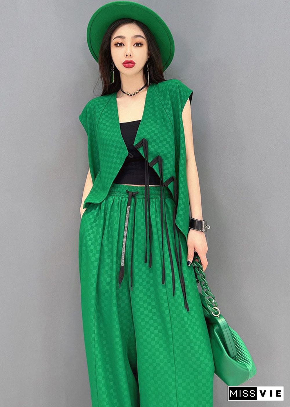 Classy Green Plaid Side Open Chiffon Vest And Wide Leg Pants Two Piece Set Outfits Summer