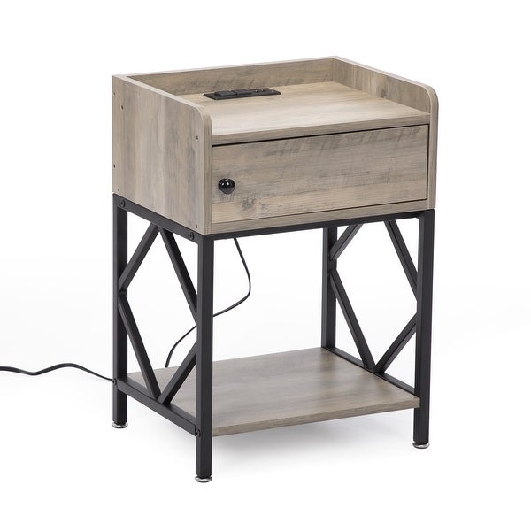 Wood Nightstand End Table Side Table with Charging StationandUSB Ports