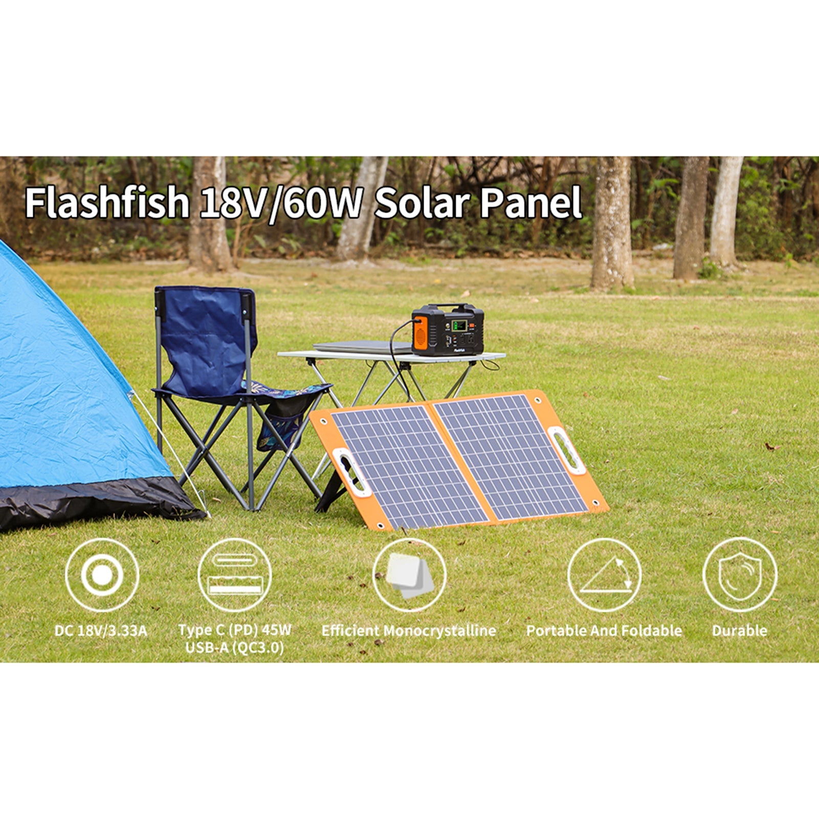 Flashfish 18V/60W Portable Solar Panel Foldable Solar Charger with DC Output for Portable Power Station USB-C/QC3.0 Output Port for Phones Company Camping RV Travel