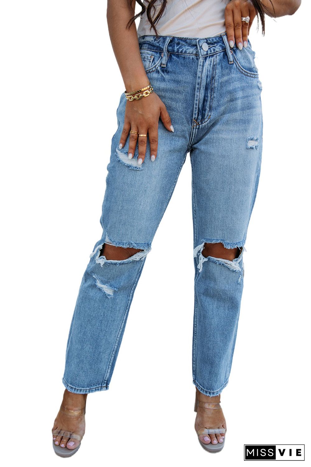 Sky Blue Open Knee Cutout Straight Leg Jeans