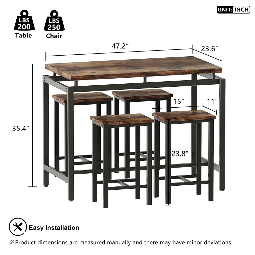 Mieres Minimalist Industrial Style Wooden Top 5 Pieces Dining Table Set with Four Stools for Ktichen and Dining Room