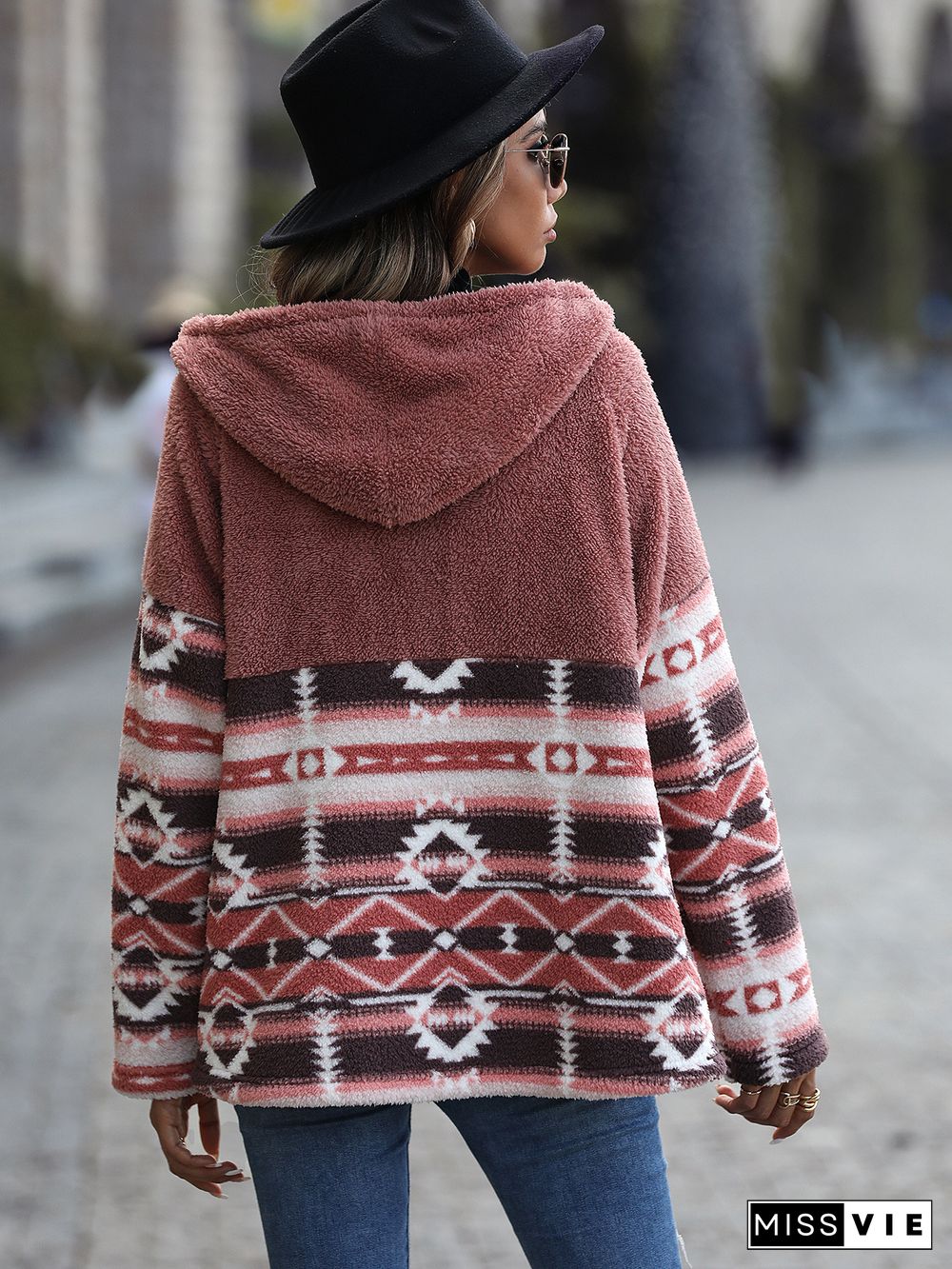 Color Block Aztec Print Hooded Fleece Jackets