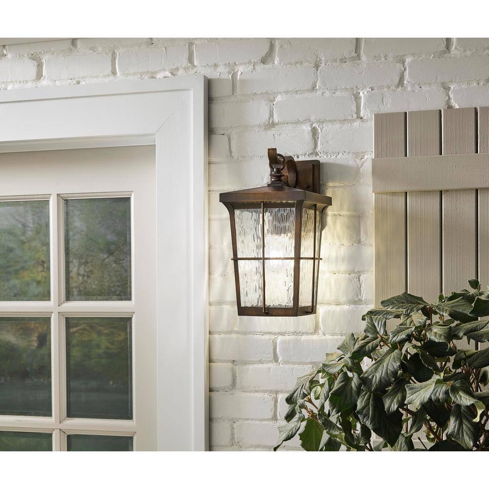 Home Decorators Collection Barrington 1-Light Golden Bronze Outdoor 14 in. Wall Lantern Sconce with Clear Water Glass 23482