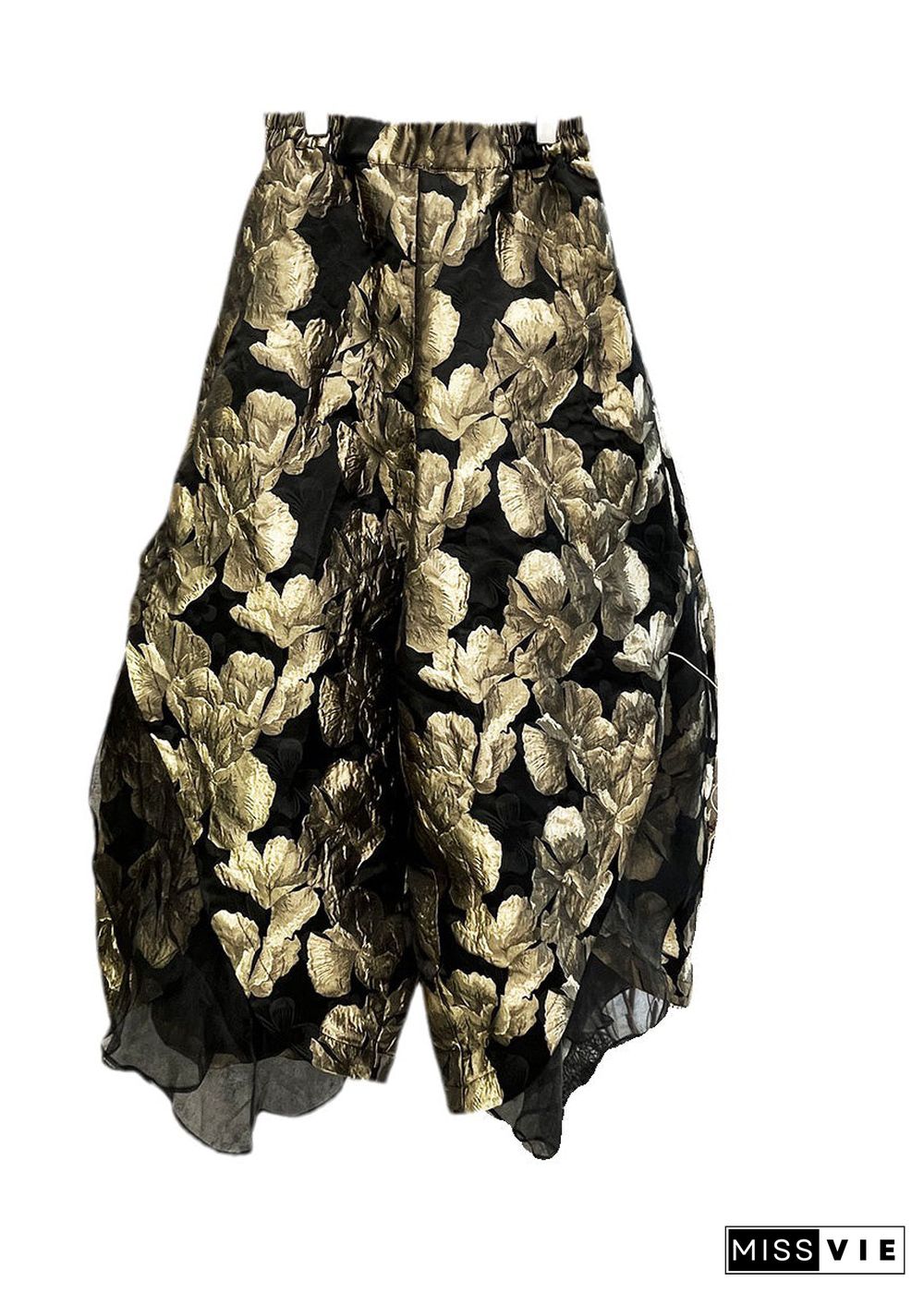 Elegant Gold Jacquard High Waist Tulle Wide Leg Pants Spring