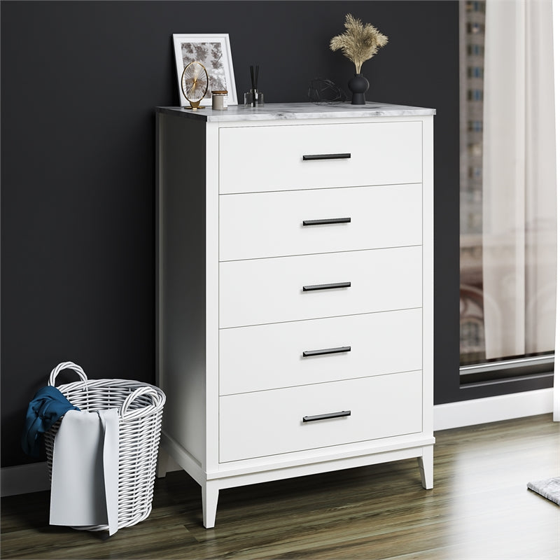 Ameriwood Home Lynnhaven Tall 5 Drawer Dresser in White w/ White Marble Top