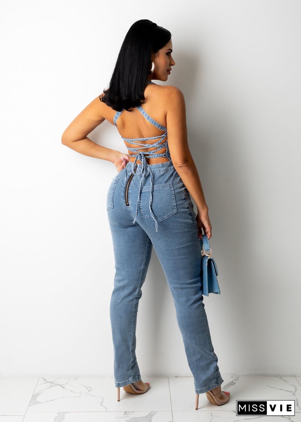 New Casual Fashion Slim Backless Bandage Denim Jumpsuit