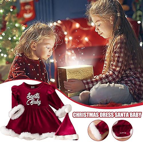 Christmas Newborn Outfit Girl，Long Sleeve Toddler Santa Print Dress with Hat - Baby Christmas Outfit