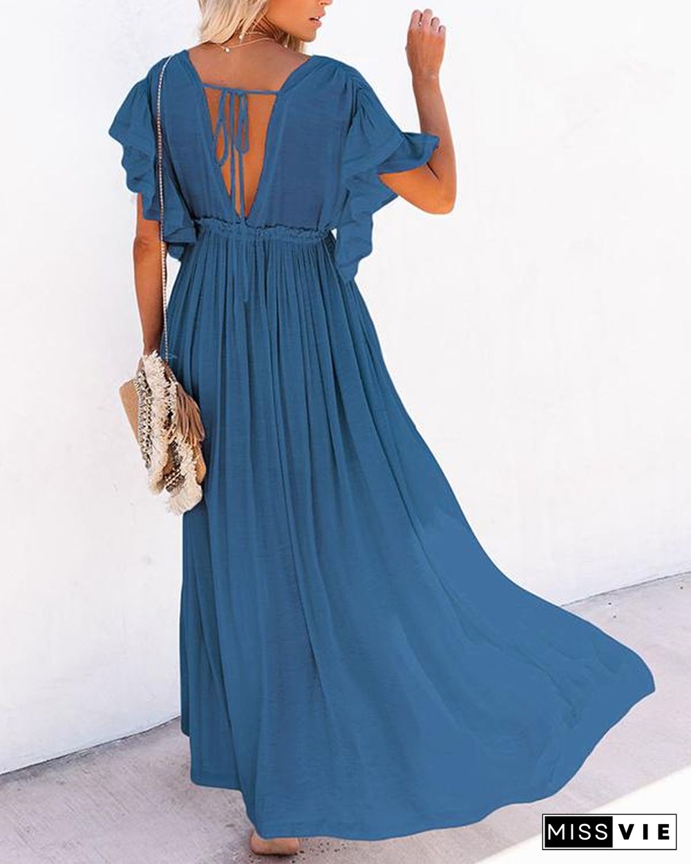 Women Long Maxi Dress Solid V neck Ladies Holiday Dress