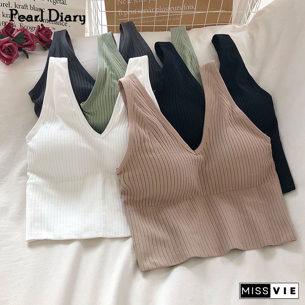 Pearl Diary Bra Tops Summer V Neck Rib Crop Tank Top With Detachable Bra Pads Sleevelss Solid Color Backless Sporty Bra Top