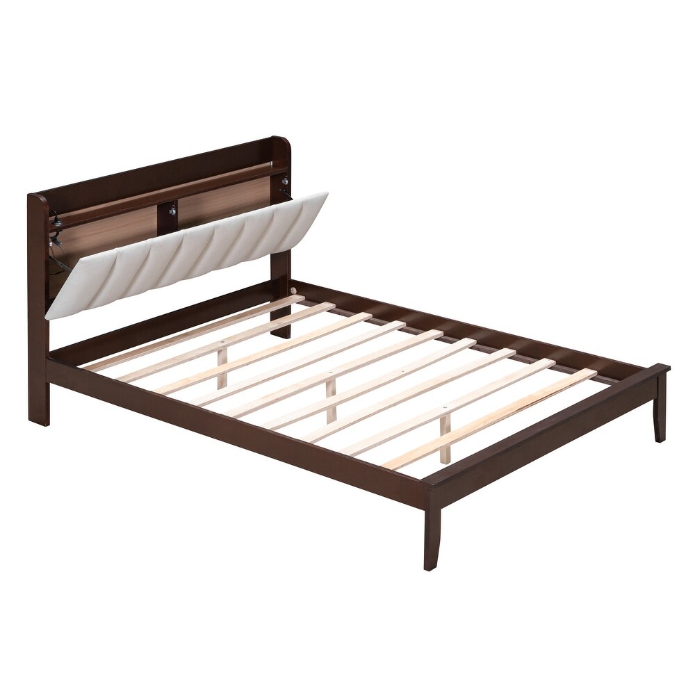 3 Pieces Bedroom Sets Full Size Wood Platform Bed and Two Nightstands Storage Platform bed with USB and LED Lights