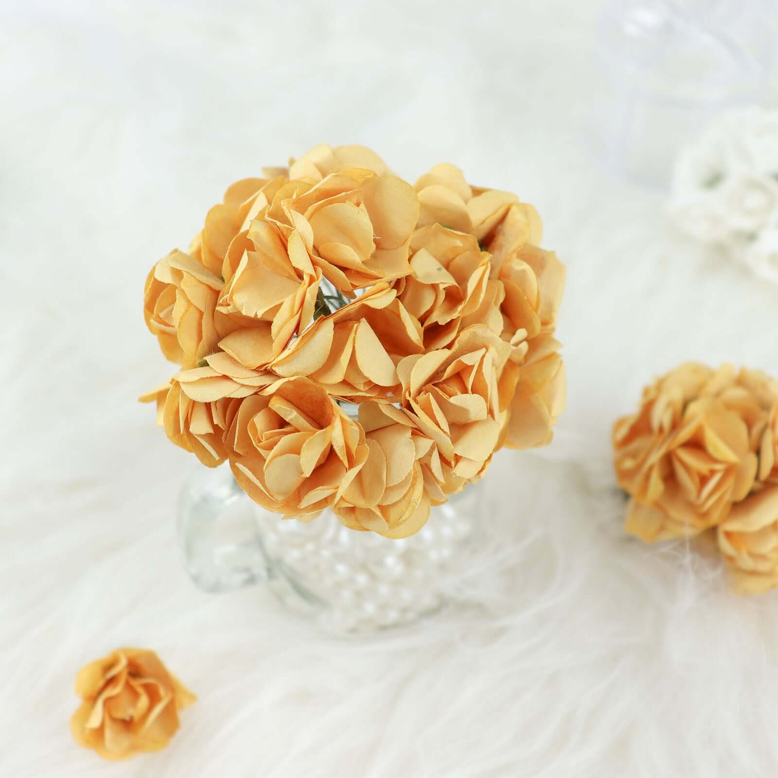 144 Gold Paper Mini Craft Flower Roses, DIY Flower Bushes With Wire Stems