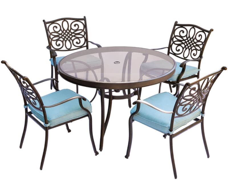 Hanover Traditions 5-Piece Outdoor Dining Set In Blue/Bronze With 4 Dining Chairs， 48 Glass-Top Table