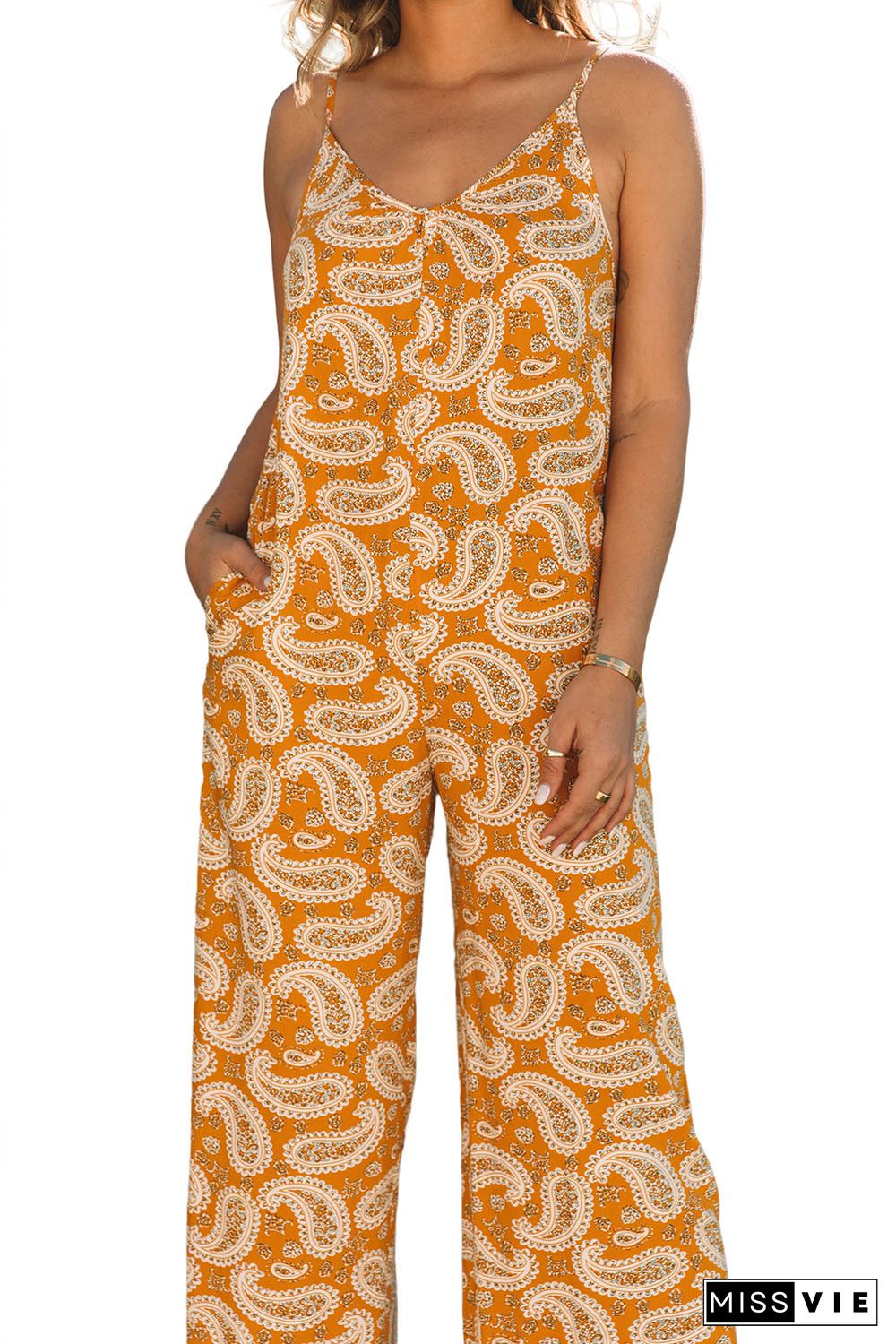 Yellow Paisley Print Wide Leg Spaghetti Straps Jumpsuit