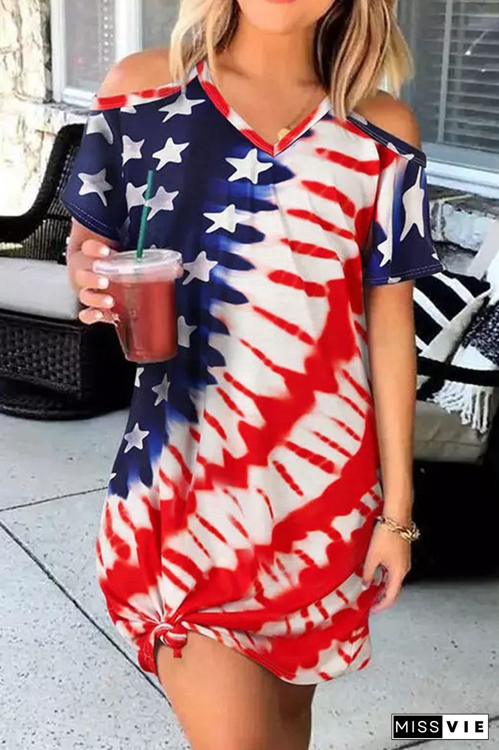 Independence Day Print Short Sleeves Dress Wholesale