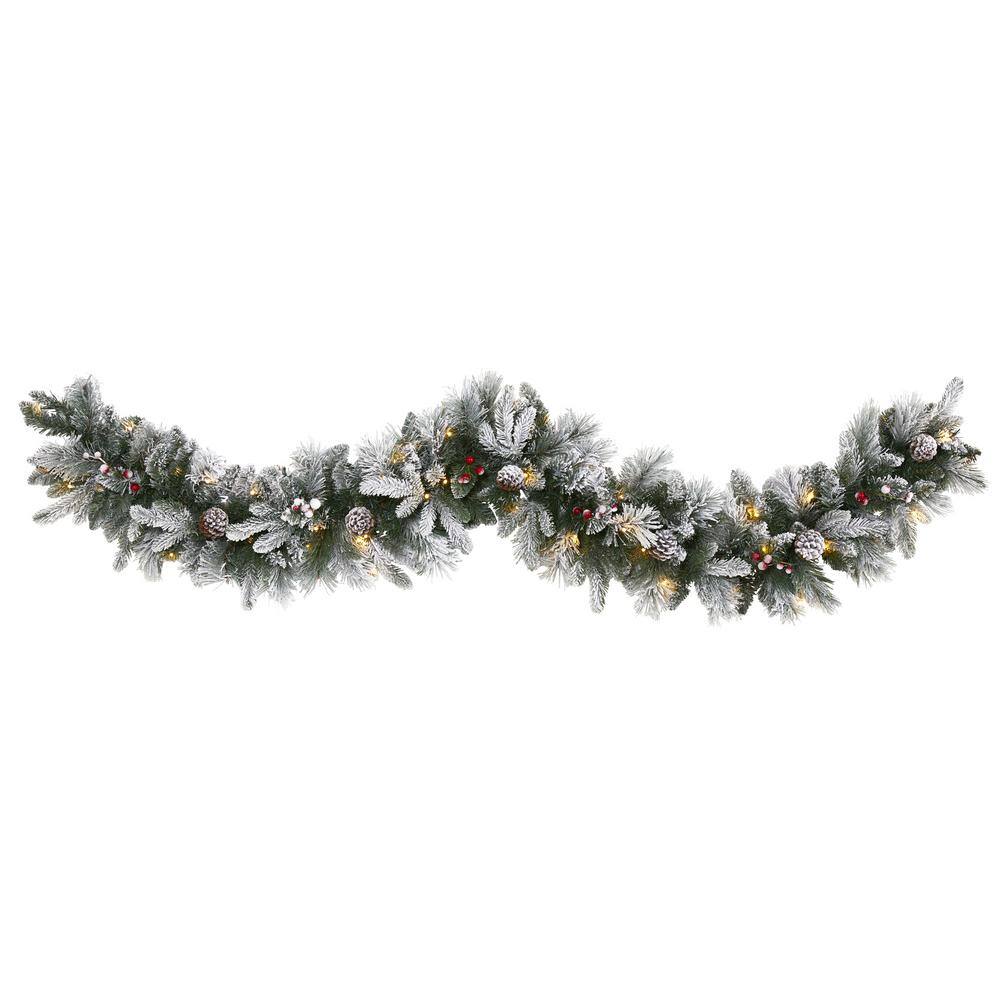 6 ft. Battery Operated Pre-lit Flocked Mixed Pine Artificial Christmas Garland with 50 LED Lights Pine Cones Berries W1130