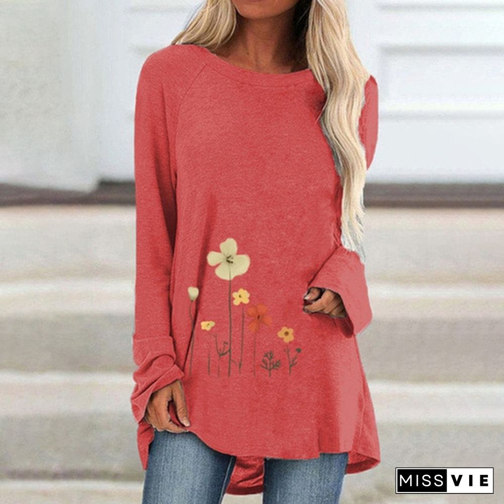 Spring and Autumn Plus Size Fashion Women Clothing Flowers Printed Casual T-shirt Ladies Long Sleeve Round Neck Pullover Tops