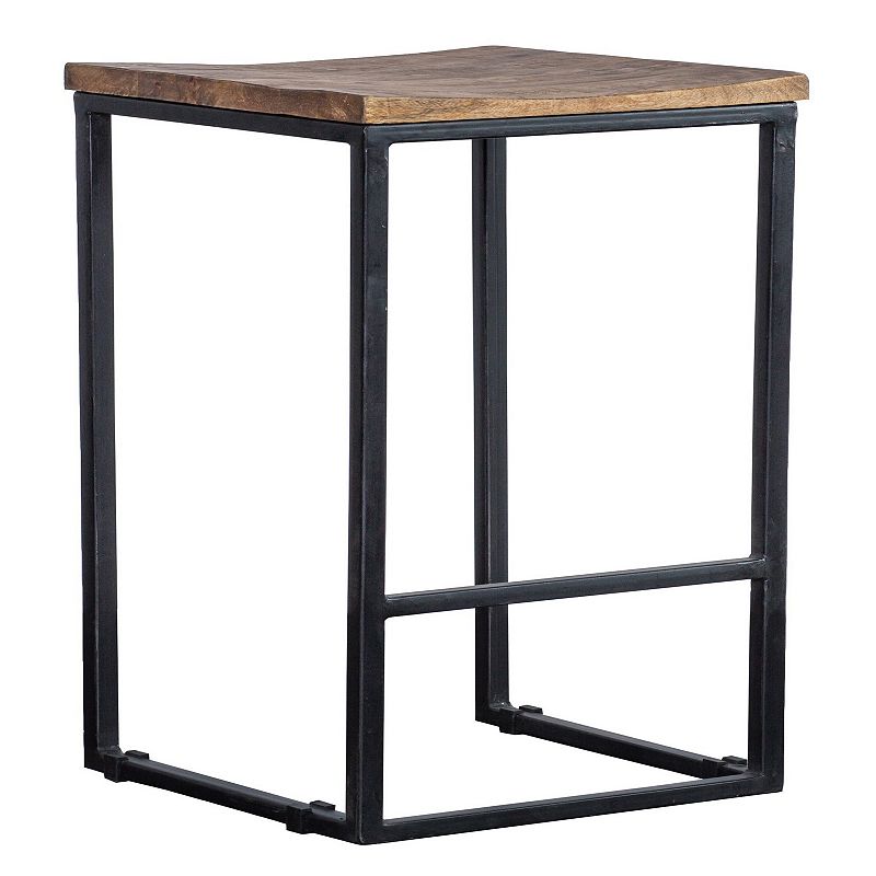 Iron Base Counter Height Stool with Wooden Saddle Seat， Brown and Black