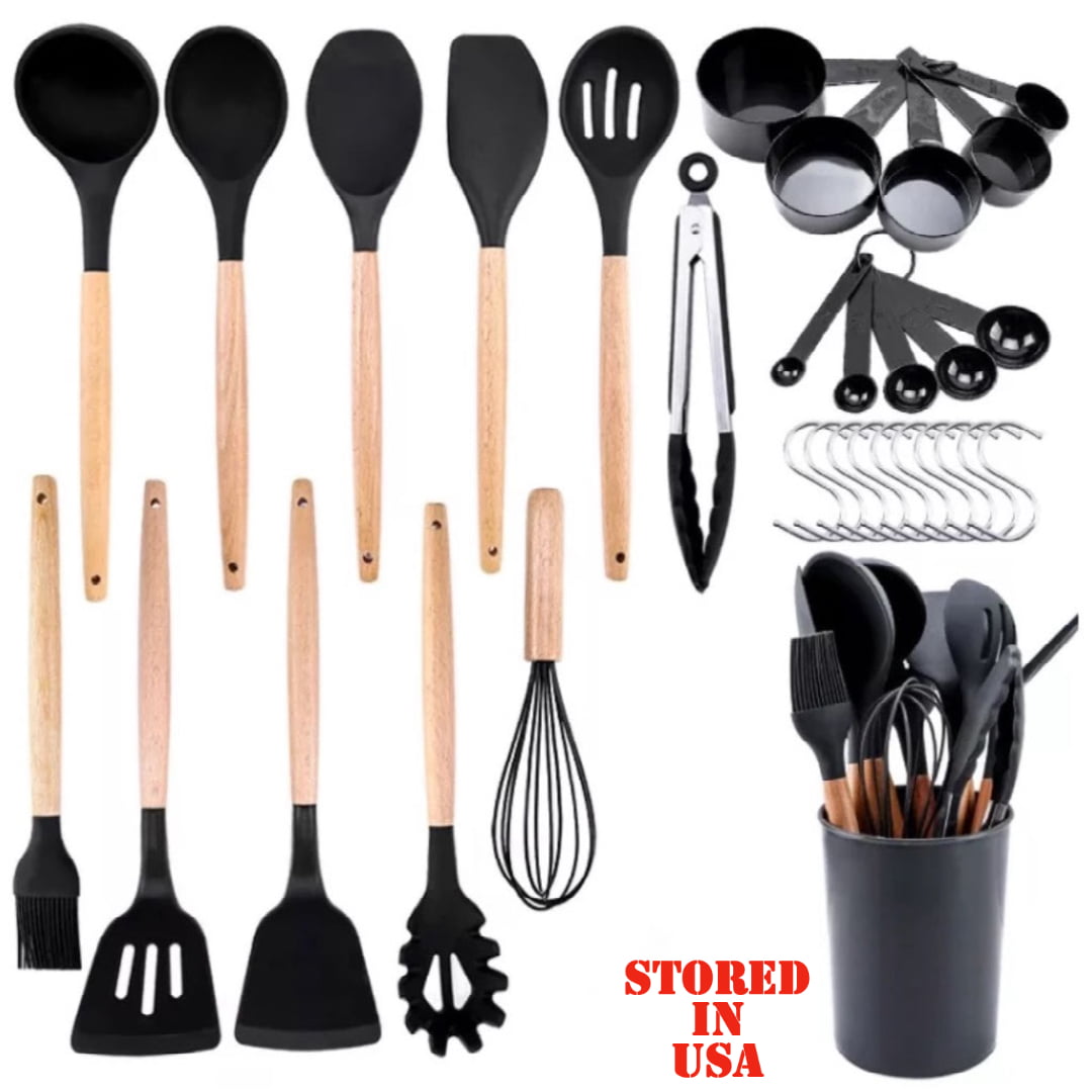 Bamboo Wooden Handles Silicone Kitchen Cooking Utensils Tools 32 piece set