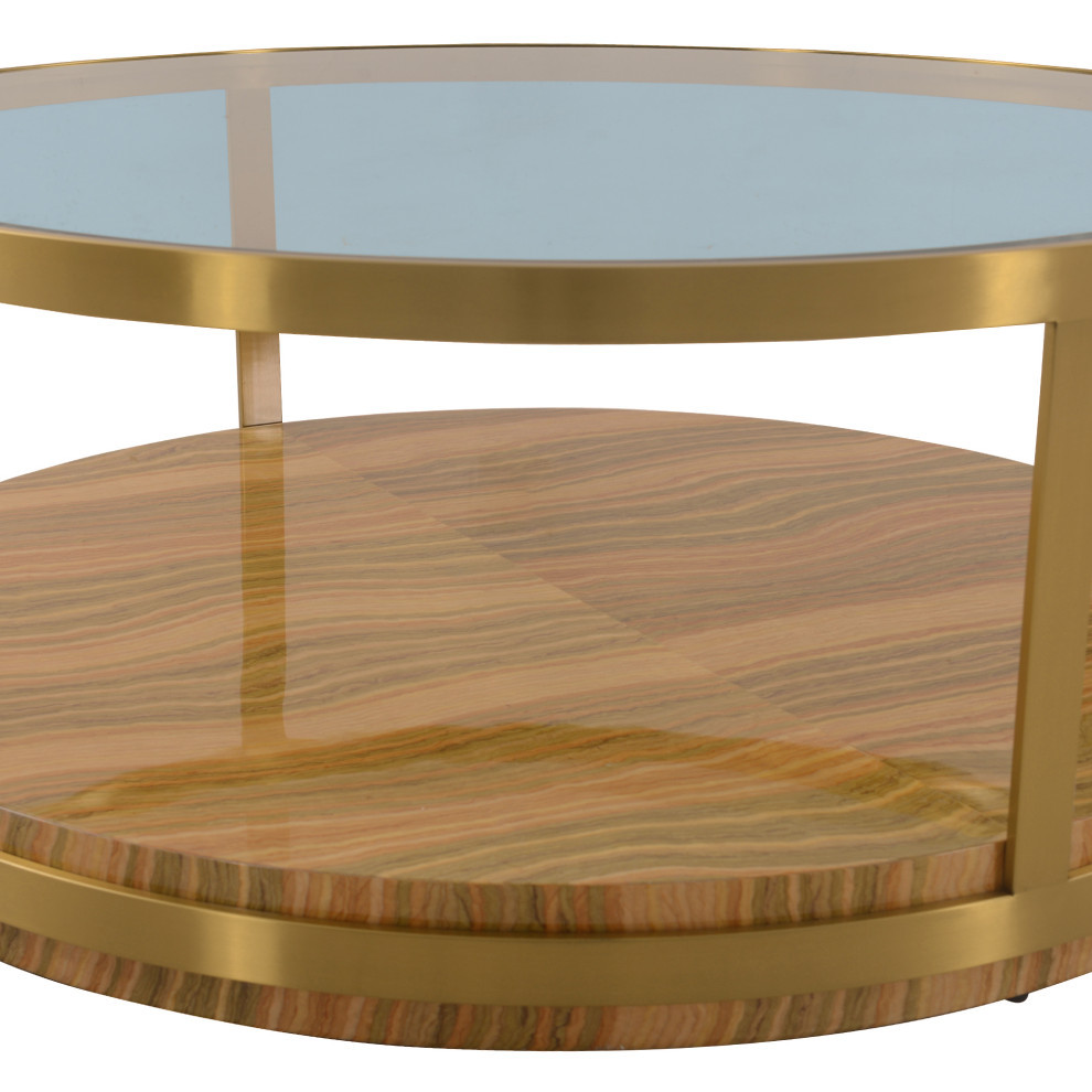 Hattie Glass Top and Wood Round Coffee Table With Gold Frame   Contemporary   Coffee Tables   by GwG Outlet  Houzz