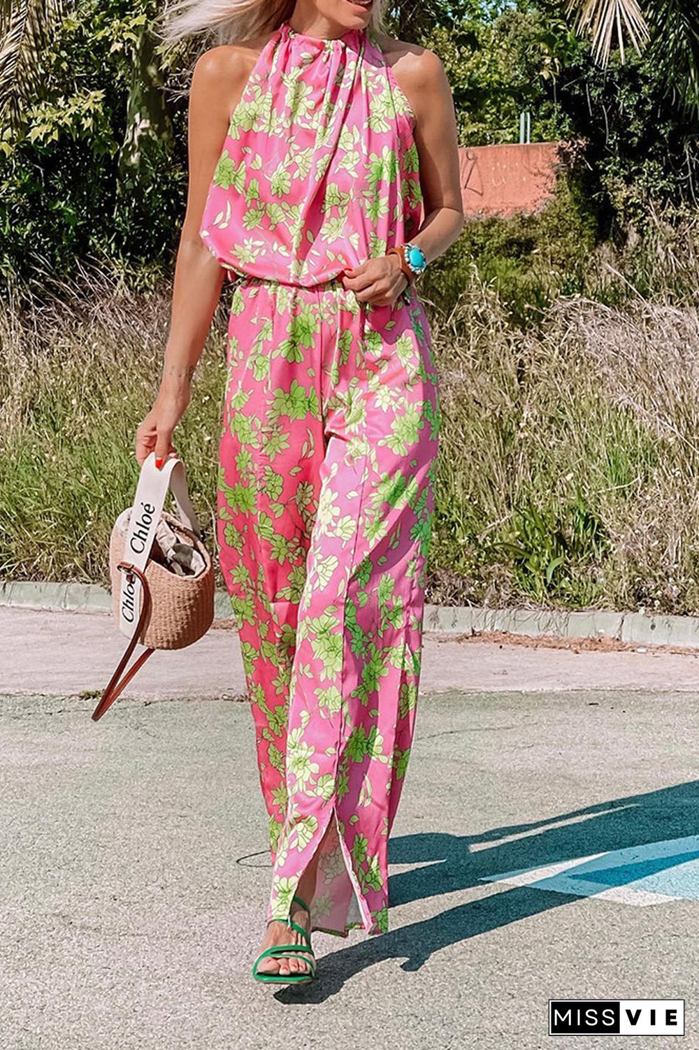 Pink Floral Print Halter Neck One Piece Jumpsuit